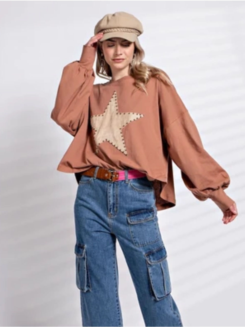 Three Bird Nest Camel Tan Studded Star Balloon Sleeve Oversized Top S Boho Chic